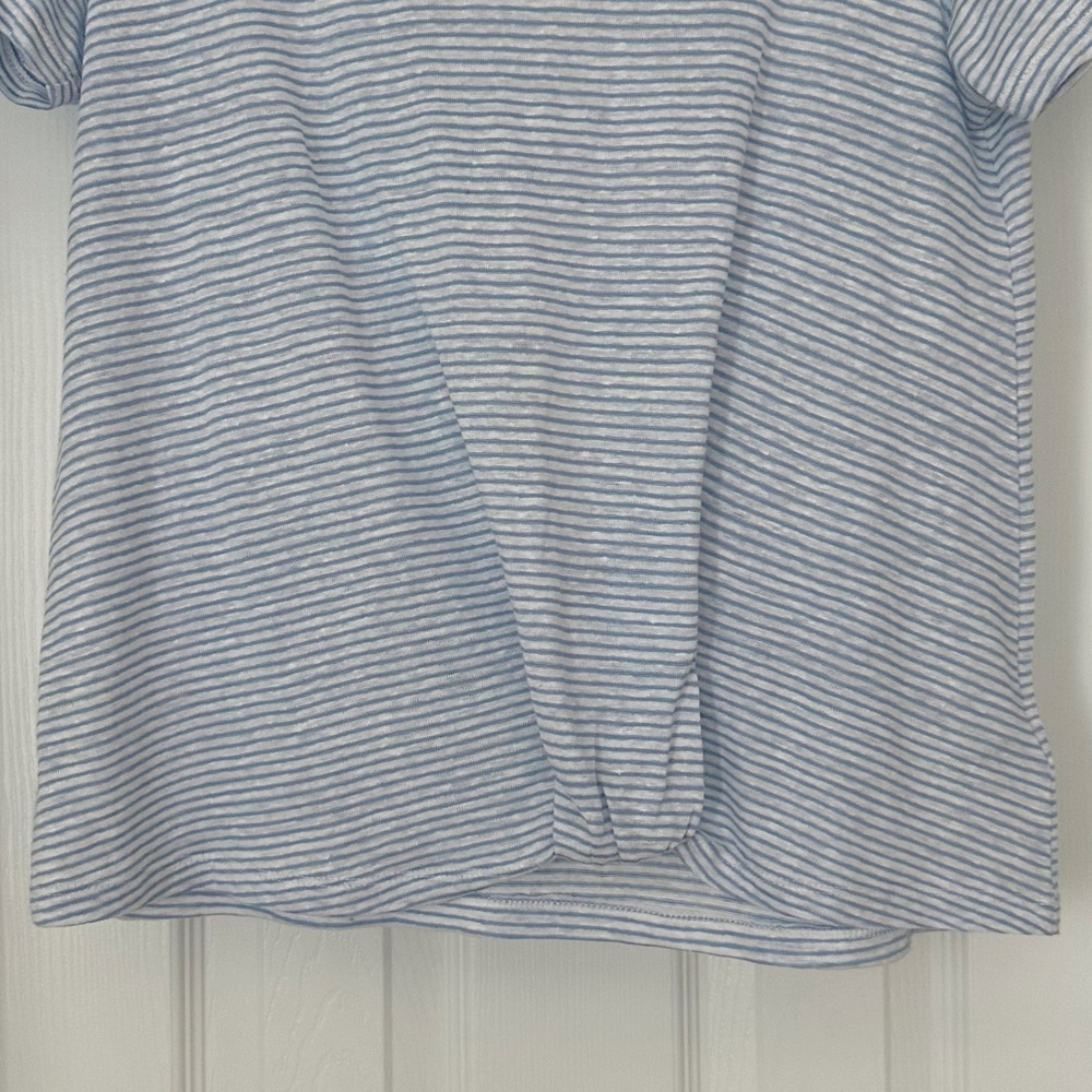 Tahari Blue White 100% Linen Striped Knot Twist Front Tee Size Medium - Picture 5 of 10